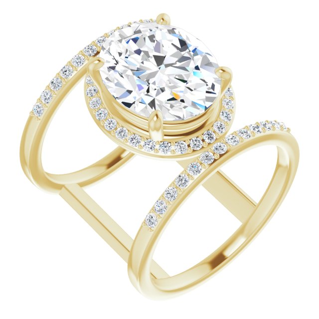 10K Yellow Gold Customizable Oval Cut Halo Design with Open, Ultrawide Harness Double Pavé Band