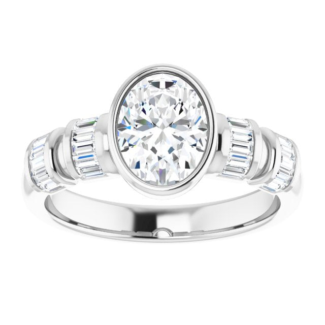Cubic Zirconia Engagement Ring- The Astrid (Customizable Bezel-set Oval Cut Design with Quad Horizontal Band Sleeves of Baguette Accents)