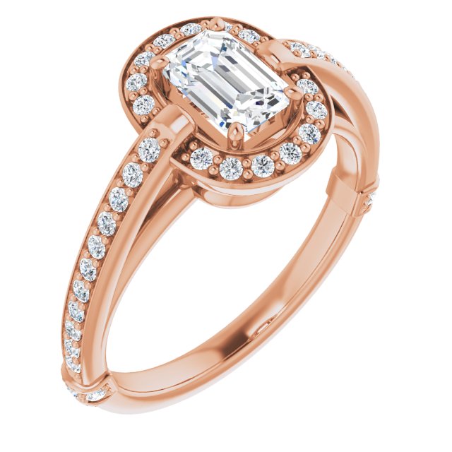 10K Rose Gold Customizable High-Cathedral Emerald/Radiant Cut Design with Halo and Shared Prong Band