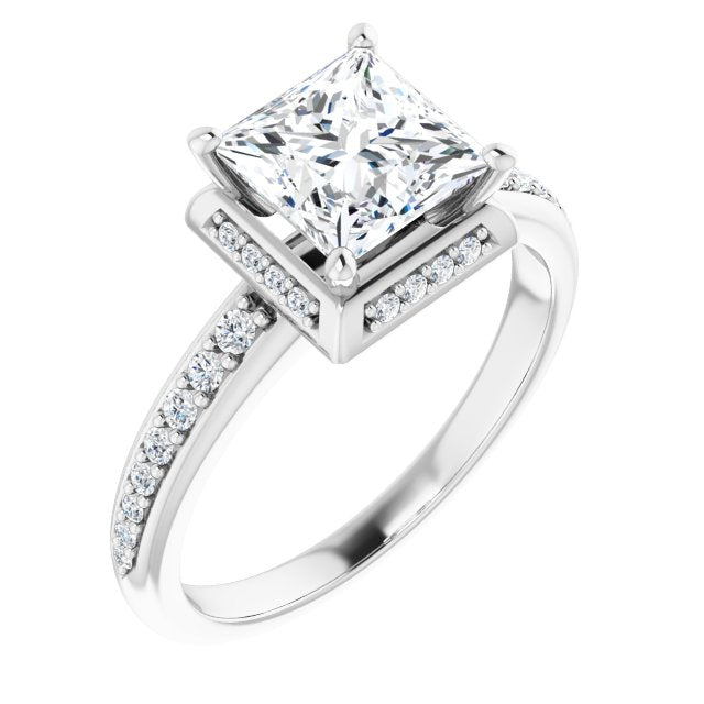 10K White Gold Customizable Princess/Square Cut Design with Geometric Under-Halo and Shared Prong Band