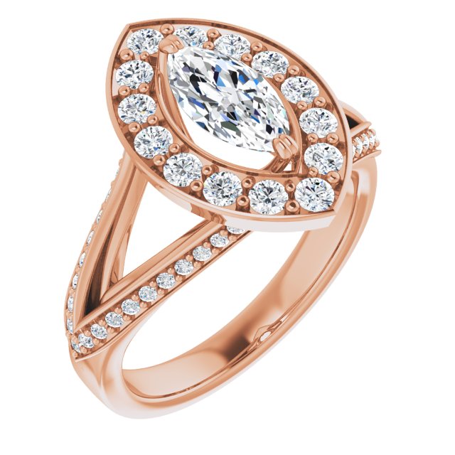 10K Rose Gold Customizable Marquise Cut Center with Large-Accented Halo and Split Shared Prong Band