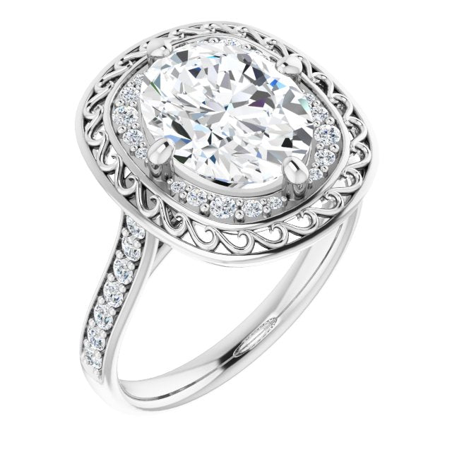 10K White Gold Customizable Cathedral-style Oval Cut featuring Cluster Accented Filigree Setting & Shared Prong Band