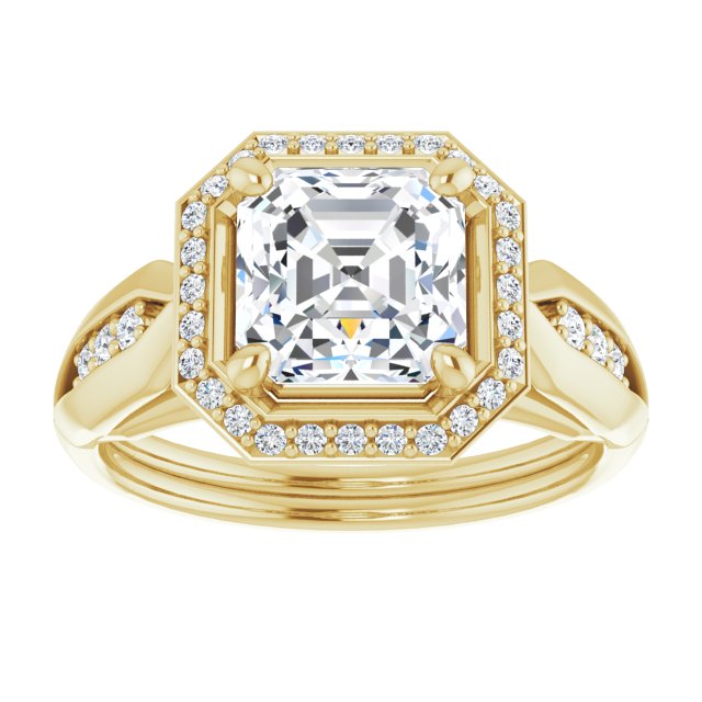 Cubic Zirconia Engagement Ring- The Ina Vaani (Customizable Cathedral-raised Asscher Cut Design with Halo and Tri-Cluster Band Accents)