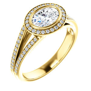 Cubic Zirconia Engagement Ring- The Kay Adaira (Customizable Bezel-set Oval Cut with Halo and Split-Pavé Band)