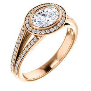 Cubic Zirconia Engagement Ring- The Kay Adaira (Customizable Bezel-set Oval Cut with Halo and Split-Pavé Band)