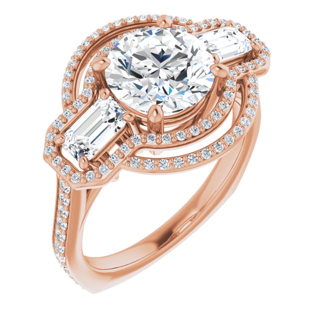 14K Rose Gold Customizable Enhanced 3-stone Style with Round Cut Center, Emerald Cut Accents, Double Halo and Thin Shared Prong Band