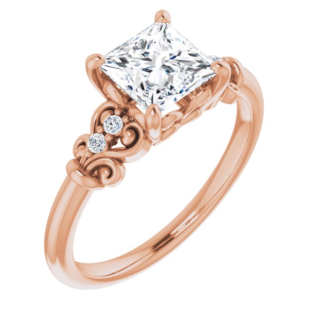 10K Rose Gold Customizable Vintage 5-stone Design with Princess/Square Cut Center and Artistic Band Décor