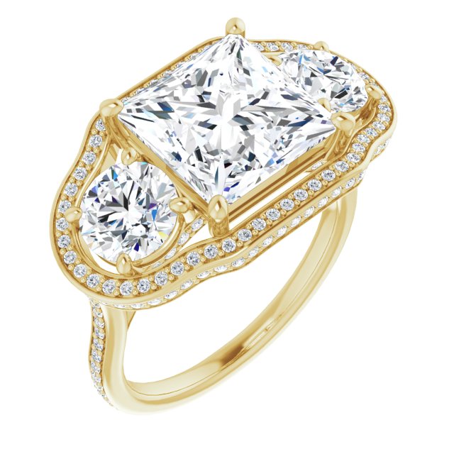 10K Yellow Gold Customizable 3-stone Princess/Square Cut Design with Multi-Halo Enhancement and 150+-stone Pavé Band
