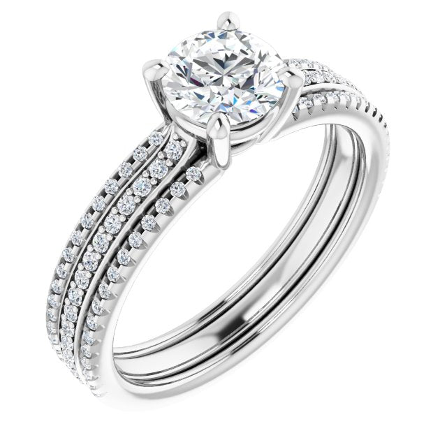 10K White Gold Customizable Round Cut Center with Wide Pavé Accented Band