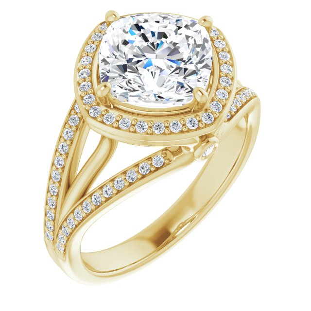 10K Yellow Gold Customizable High-set Cushion Cut Design with Halo, Wide Tri-Split Shared Prong Band and Round Bezel Peekaboo Accents