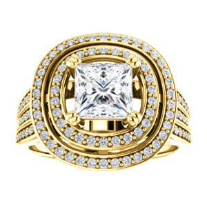 Cubic Zirconia Engagement Ring- The Shay (Customizable Princess Cut Ultra-wide w/ Double-Halo and Triple-Pavé Band)
