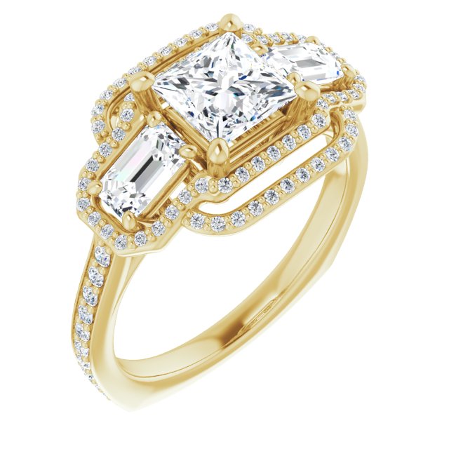 10K Yellow Gold Customizable Enhanced 3-stone Style with Princess/Square Cut Center, Emerald Cut Accents, Double Halo and Thin Shared Prong Band