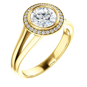 Cubic Zirconia Engagement Ring- The Blondie (Customizable Bezel-set Cathedral-style Round Cut with Halo Style and V-Split Band)