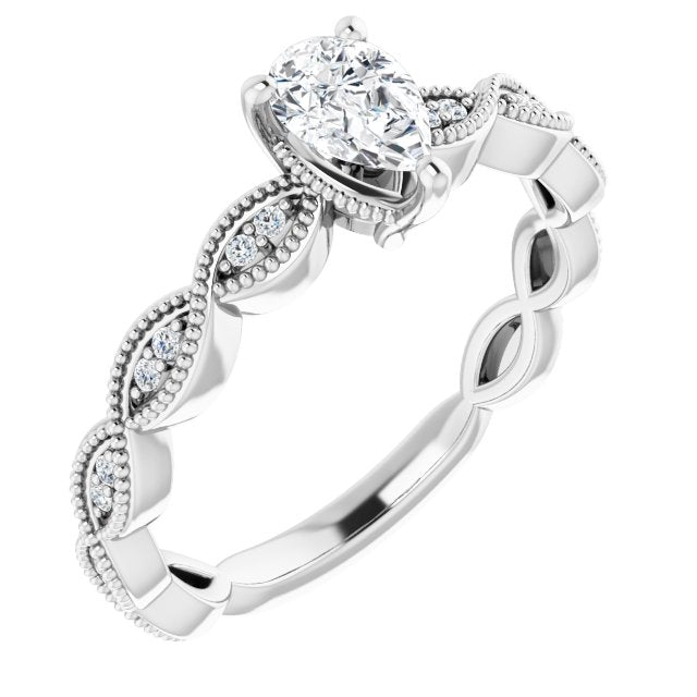 10K White Gold Customizable Pear Cut Artisan Design with Scalloped, Round-Accented Band and Milgrain Detail