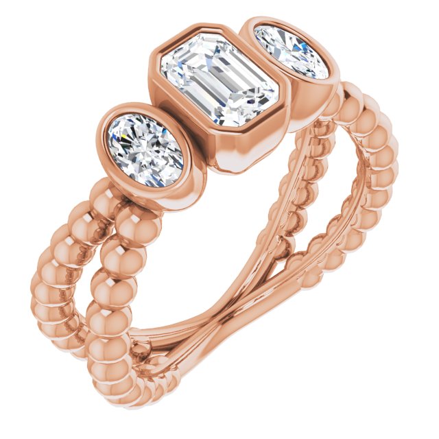 10K Rose Gold Customizable 3-stone Emerald/Radiant Cut Design with 2 Oval Cut Side Stones and Wide, Bubble-Bead Split-Band