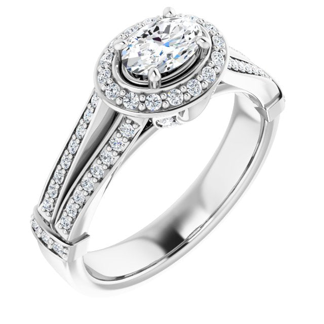 10K White Gold Customizable Oval Cut Setting with Halo, Under-Halo Trellis Accents and Accented Split Band