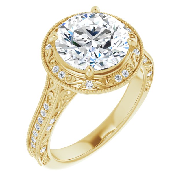 10K Yellow Gold Customizable Vintage Artisan Round Cut Design with 3-Sided Filigree and Side Inlay Accent Enhancements