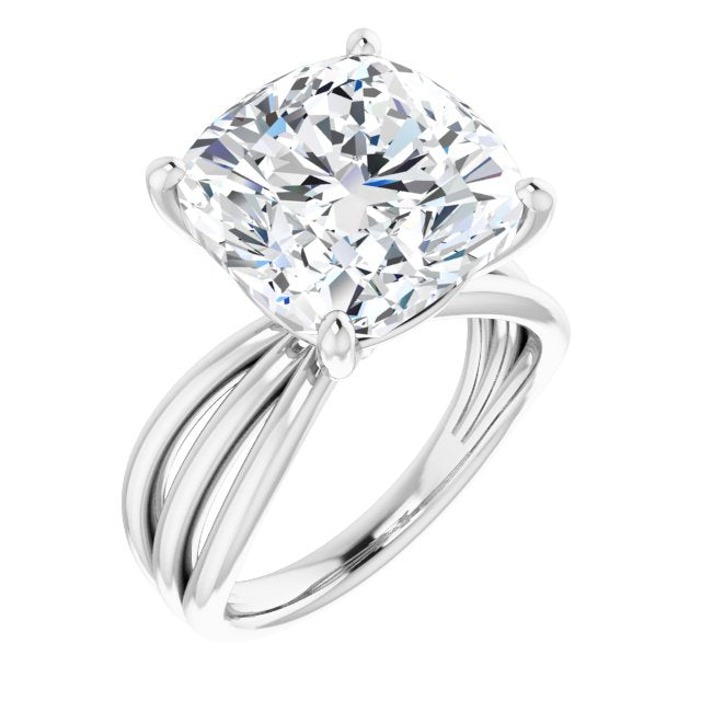 10K White Gold Customizable Cushion Cut Solitaire Design with Wide, Ribboned Split-band