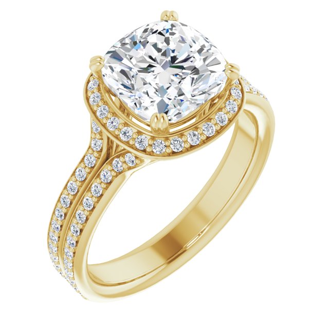 10K Yellow Gold Customizable Cathedral-set Cushion Cut Style with Split-Pav? Band