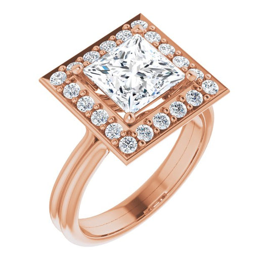 10K Rose Gold Customizable Cluster-Halo Accented Princess/Square Cut Style with Tapered Dual Band