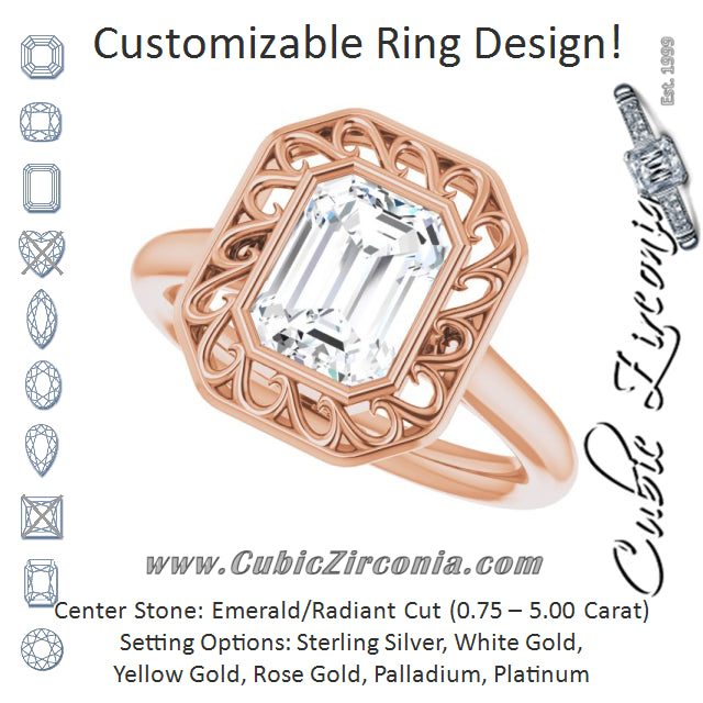 Cubic Zirconia Engagement Ring- The Addie (Customizable Cathedral-Bezel Style Radiant Cut Solitaire with Flowery Filigree)