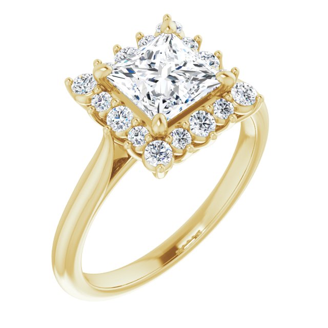 10K Yellow Gold Customizable Crown-Cathedral Princess/Square Cut Design with Clustered Large-Accent Halo & Ultra-thin Band