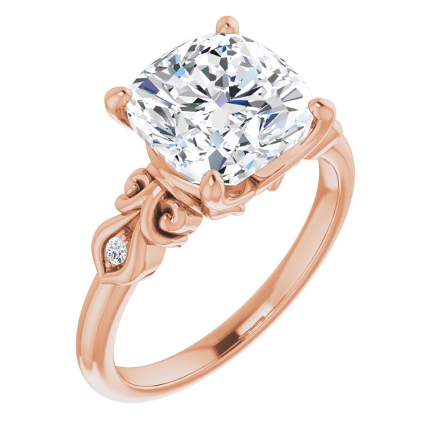 10K Rose Gold Customizable 3-stone Cushion Cut Design with Small Round Accents and Filigree