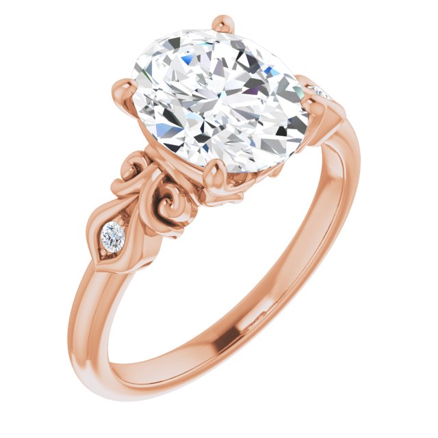 10K Rose Gold Customizable 3-stone Oval Cut Design with Small Round Accents and Filigree