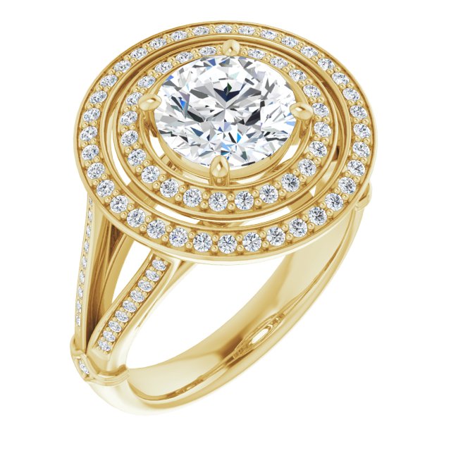 10K Yellow Gold Customizable Cathedral-set Round Cut Design with Double Halo, Wide Split-Shared Prong Band and Side Knuckle Accents