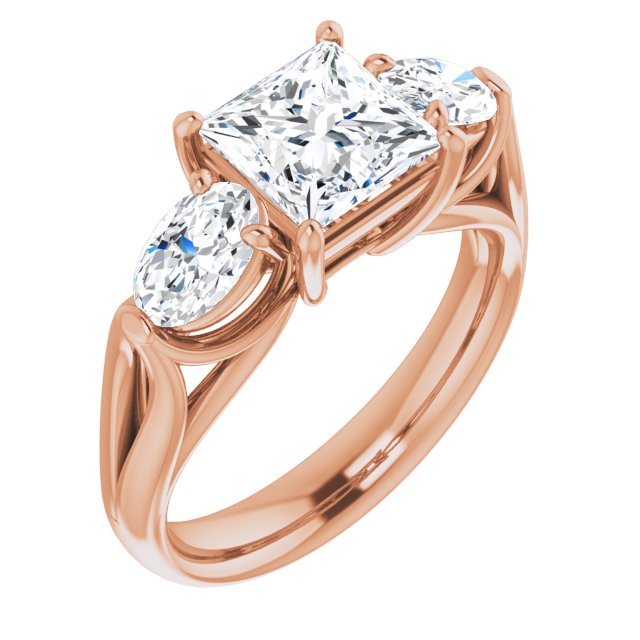 10K Rose Gold Customizable Cathedral-set 3-stone Princess/Square Cut Style with Dual Oval Cut Accents & Wide Split Band