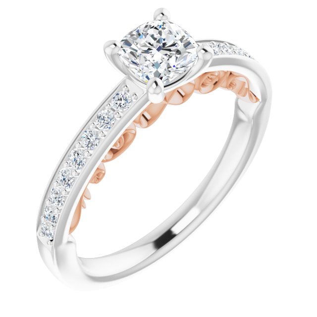 14K White & Rose Gold Customizable Cushion Cut Design featuring 3-Sided Infinity Trellis and Round-Channel Accented Band
