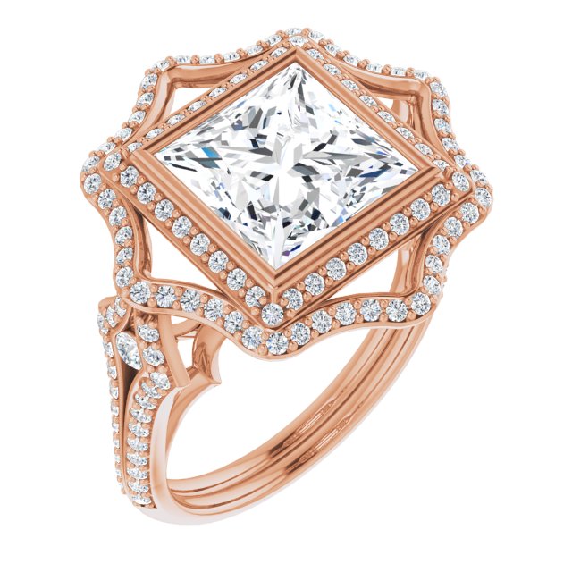 10K Rose Gold Customizable Princess/Square Cut Style with Ultra-wide Pavé Split-Band and Nature-Inspired Double Halo