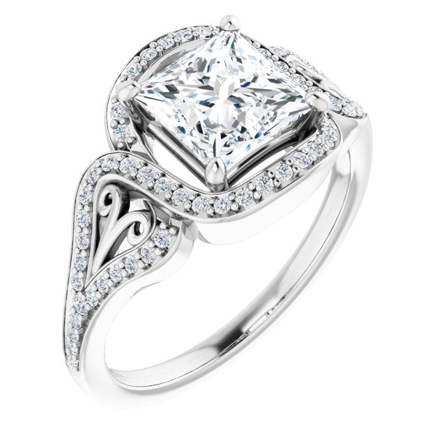 10K White Gold Customizable Princess/Square Cut Design with Bypass Halo and Split-Shared Prong Band