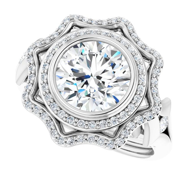 Cubic Zirconia Engagement Ring- The Cyra (Customizable Cathedral-bezel Round Cut Design with Floral Double Halo and Channel-Accented Split Band)