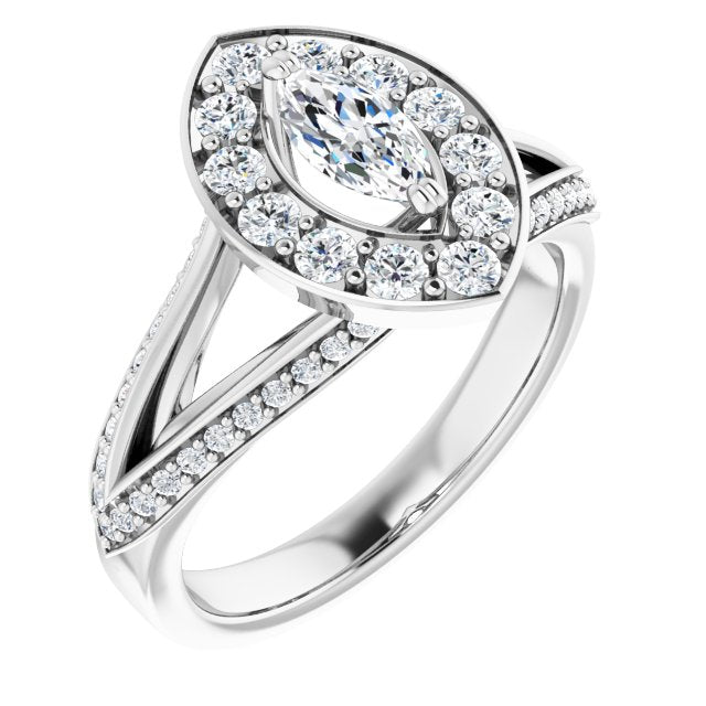 10K White Gold Customizable Marquise Cut Center with Large-Accented Halo and Split Shared Prong Band
