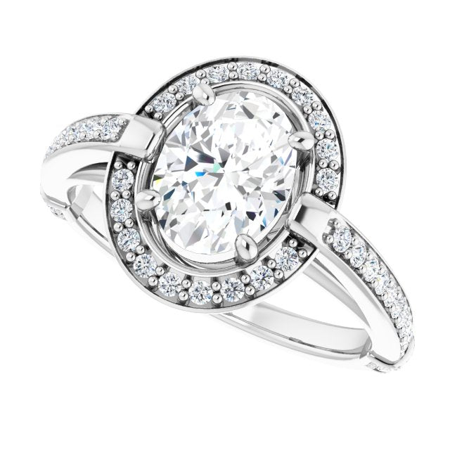 Cubic Zirconia Engagement Ring- The Ebba (Customizable High-Cathedral Oval Cut Design with Halo and Shared Prong Band)