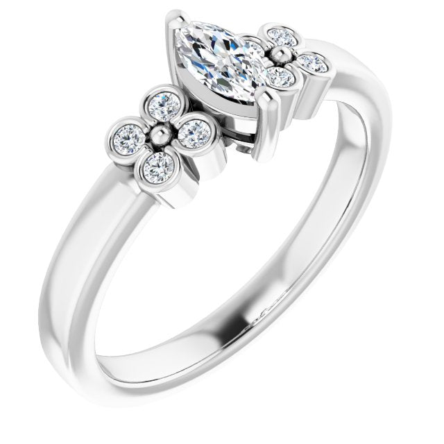 10K White Gold Customizable 9-stone Design with Marquise Cut Center and Complementary Quad Bezel-Accent Sets