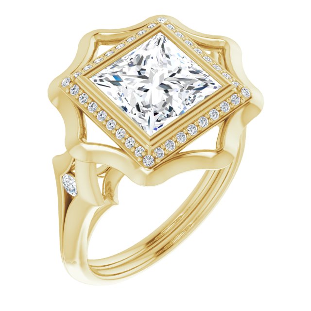 10K Yellow Gold Customizable Bezel-set Princess/Square Cut with Halo & Oversized Floral Design