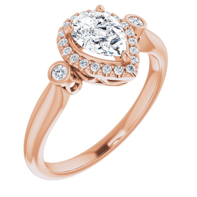 10K Rose Gold Customizable Pear Cut Style with Halo and Twin Round Bezel Accents