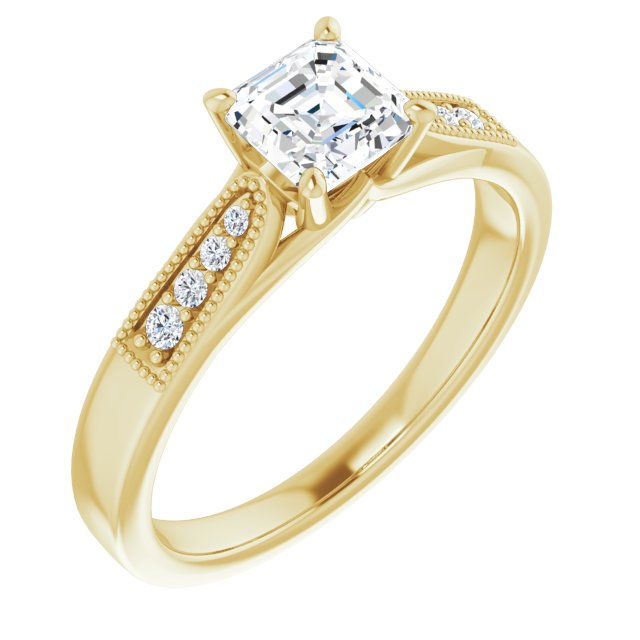 10K Yellow Gold Customizable 9-stone Vintage Design with Asscher Cut Center and Round Band Accents