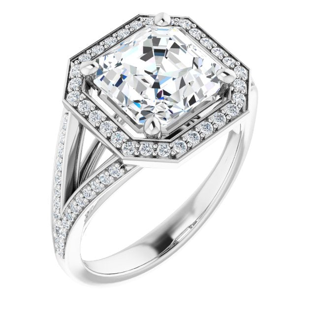10K White Gold Customizable Cathedral-Halo Asscher Cut Style featuring Split-Shared Prong Band