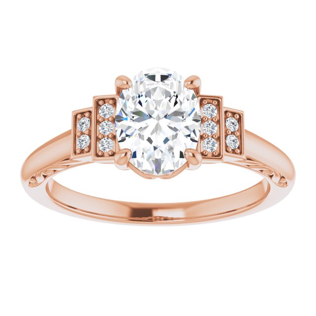 Cubic Zirconia Engagement Ring- The Brynhild (Customizable Engraved Design with Oval Cut Center and Perpendicular Band Accents)
