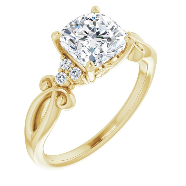 10K Yellow Gold Customizable 7-stone Cushion Cut Design with Tri-Cluster Accents and Teardrop Fleur-de-lis Motif