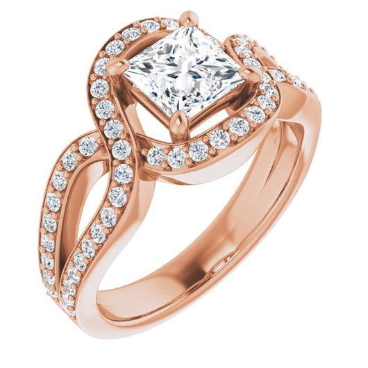 10K Rose Gold Customizable Princess/Square Cut Center with Infinity-inspired Split Shared Prong Band and Bypass Halo