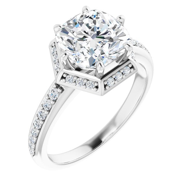 10K White Gold Customizable Cushion Cut Design with Geometric Under-Halo and Shared Prong Band