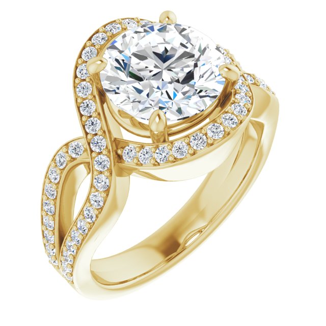 14K Yellow Gold Customizable Round Cut Center with Infinity-inspired Split Shared Prong Band and Bypass Halo