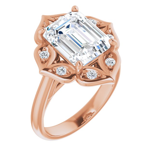 10K Rose Gold Customizable Cathedral-raised Emerald/Radiant Cut Design with Star Halo & Round-Bezel Peekaboo Accents
