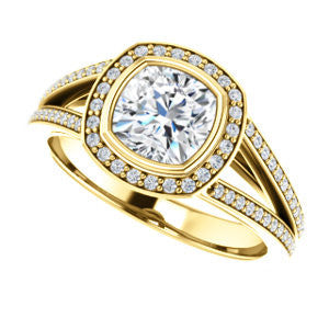 Cubic Zirconia Engagement Ring- The Kay Adaira (Customizable Bezel-set Cushion Cut with Halo and Split-Pavé Band)