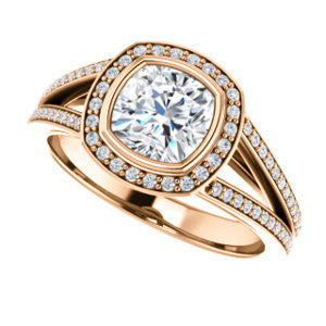 Cubic Zirconia Engagement Ring- The Kay Adaira (Customizable Bezel-set Cushion Cut with Halo and Split-Pavé Band)