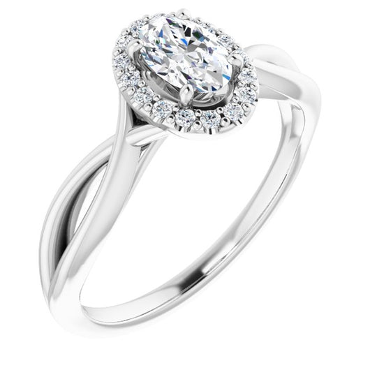 10K White Gold Customizable Cathedral-Halo Oval Cut Design with Twisting Split Band
